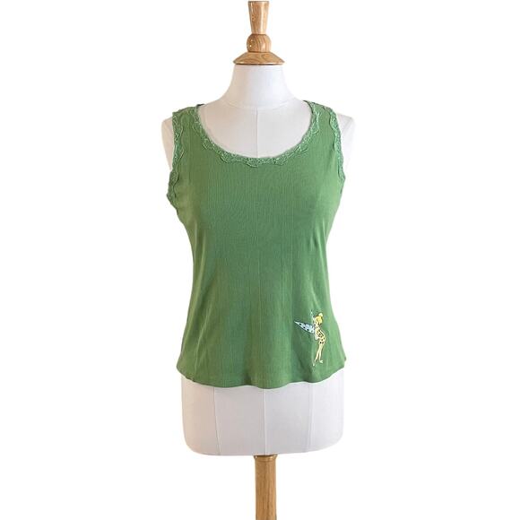 Disney Light Green Tank Top Lace Trim, Tinkerbell, Rhinestones, Size M - Picture 1 of 12